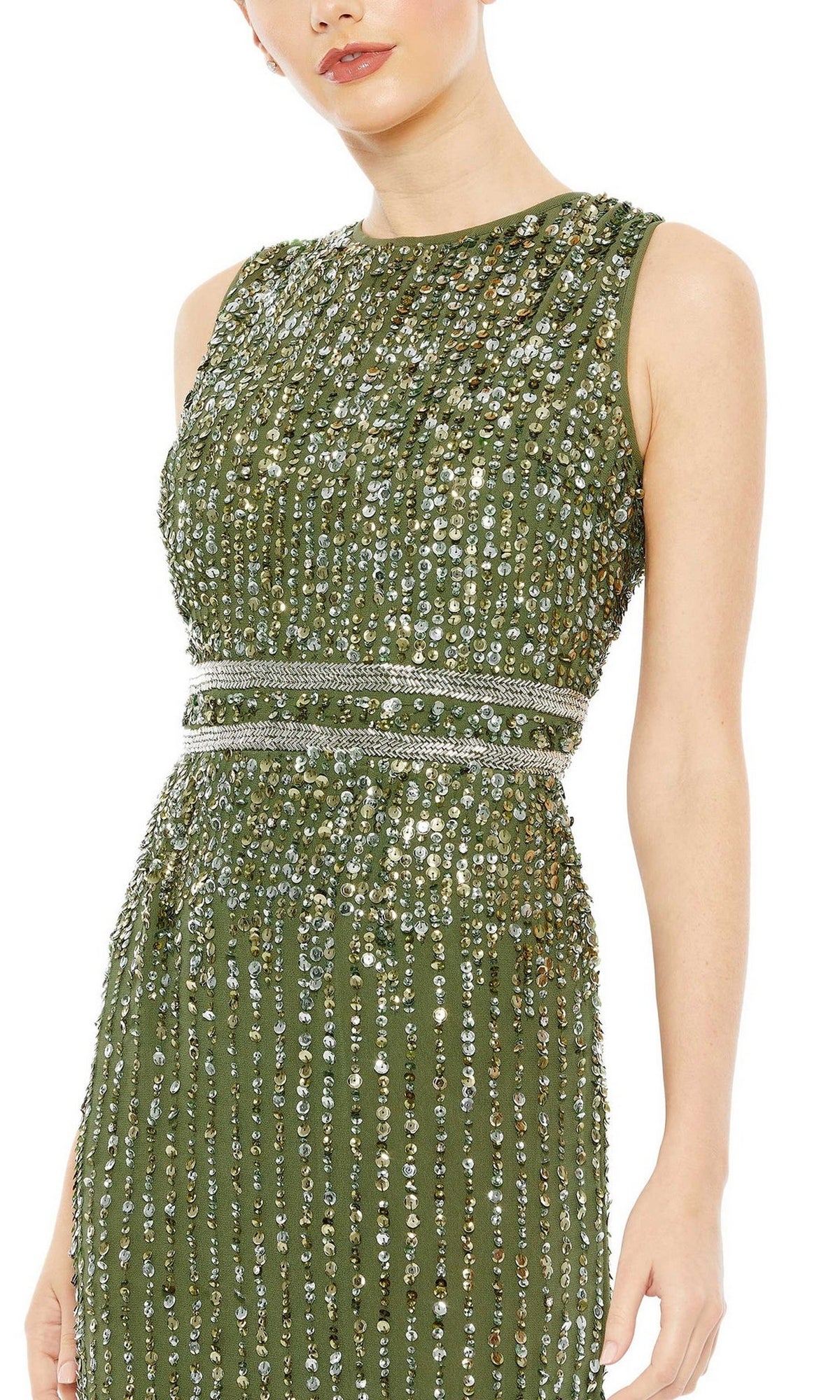 A person in the Sleeveless Sequin Formal Dress: Mac Duggal 93603—an olive green gown with a cinched waist, vertical embellishments, and intricate sequins and beading.
